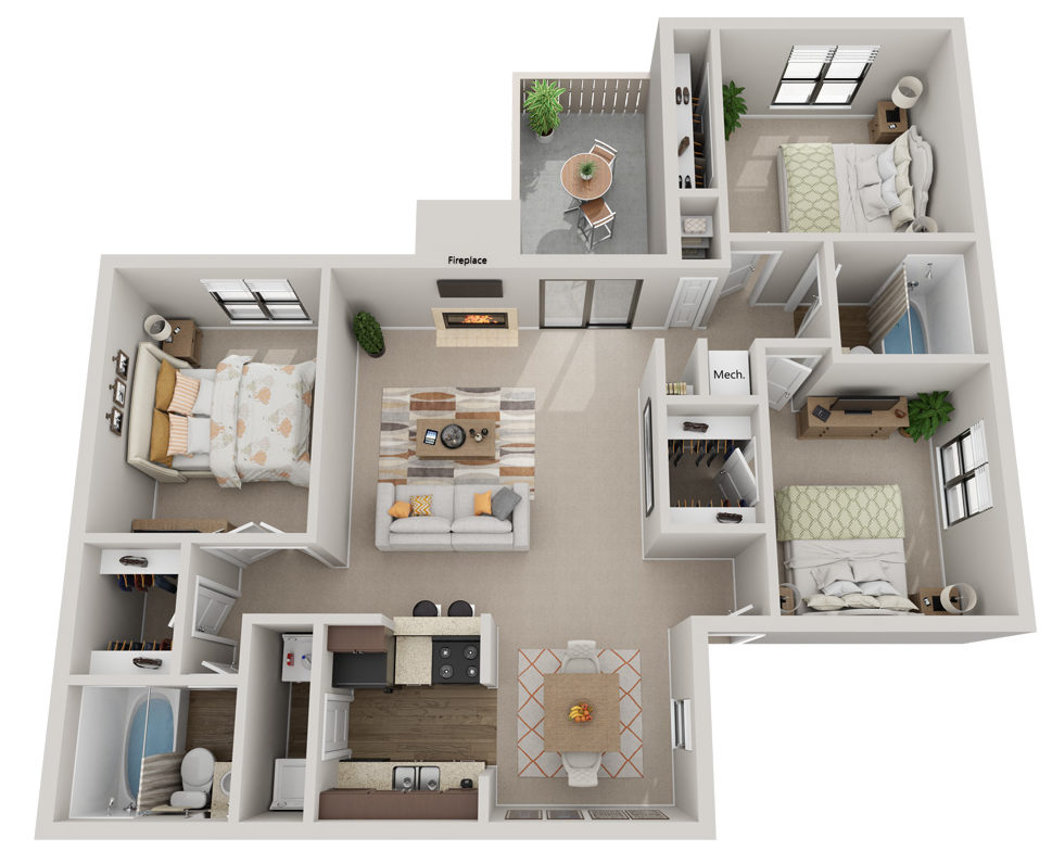 Floor plan for 3 beds, 2 baths, 1031 sqft